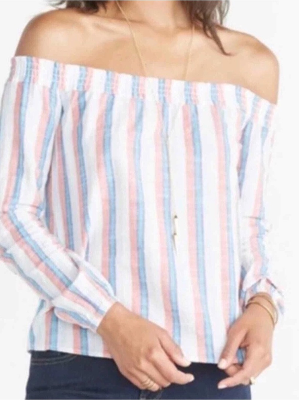 Marine Layer off-shoulder Rosalina shirt Long Sleeve Top - White, Pink small